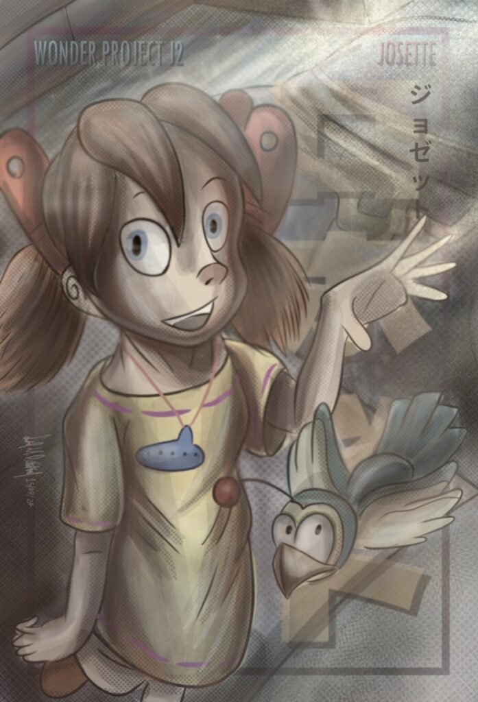 Desenho de uma menina, um pássaro e o texto em inglês: Wonder Project 12 e símbolos asiáticos.