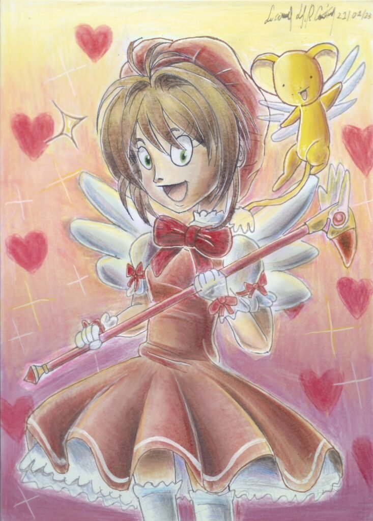 Desenho de uma menina com asas, vestido vermelho, ao seu lado tem um animal amarelo com asas e diversos corações vermelhos sobrepostos sobre a imagem.