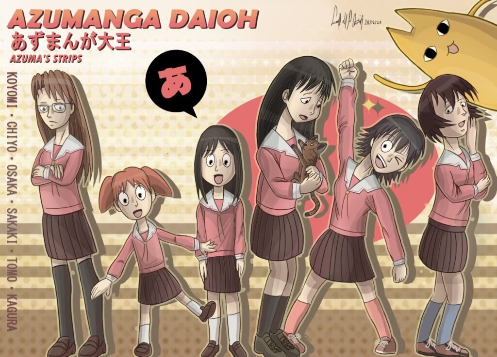 Desenho do Azumanga Daioh com 6 personagens femininas e no canto superior um gato amarelo. O nome das personagens está escrito no canto esquerdo da imagem.