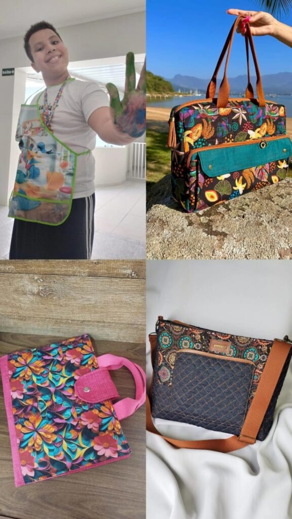 São 3 imagens. A primeira é o Vitor em pé usnado cordão, avental e as mãos pintadas de tinta. A segunda é uma bolsa exposta na praia. A terceira e a quarta na parte inferior são 2 bolsas coloridas. 